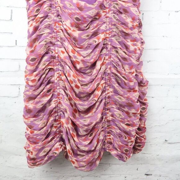 ZARA PURPLE PEACOCK FEATHER PRINT SPAGHETTI STRAP RUCHED MINI DRESS SIZE MEDIUM - Picture 6 of 9